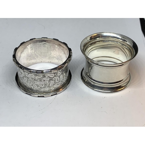 32 - FOUR HALLMARKED SILVER ITEMS TO INCLUDE SHEFFIELD SUGAR NIPS AND THREE NAPKINS RINGS ONE BIRMINGHAM,... 