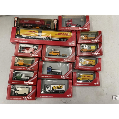 504 - FOURTEEN BOXED HERPA VEHICLES 1:87 SCALE