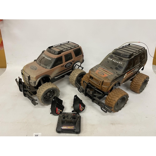 506 - TWO REMOTE CONTROL LANDROVERS WITH BATTERIES, CHARGERS AND ONE REMOTE CONTROL, IN WORKING ORDER BUT ... 