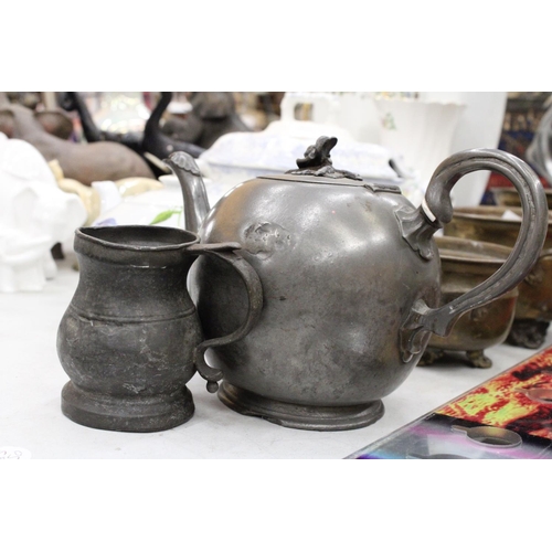 217 - A GEORGIAN PEWTER TEAPOT AND A 14TH CENTURY PEWTER MUG