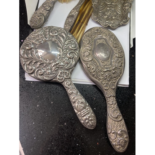 96 - FIVE PIECES OF HALLMARKED BIRMINGHAM SILVER TO INCLUDE A BRUSH, TWO MIRRORS, A COMB AND A TRAY