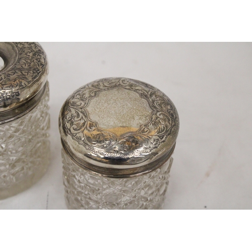 13 - A STERLING SILVER TOP HAIR PIN JAR TOGETHER WITH A SILVER TOPPED COCKTAIL STICK HOLDER