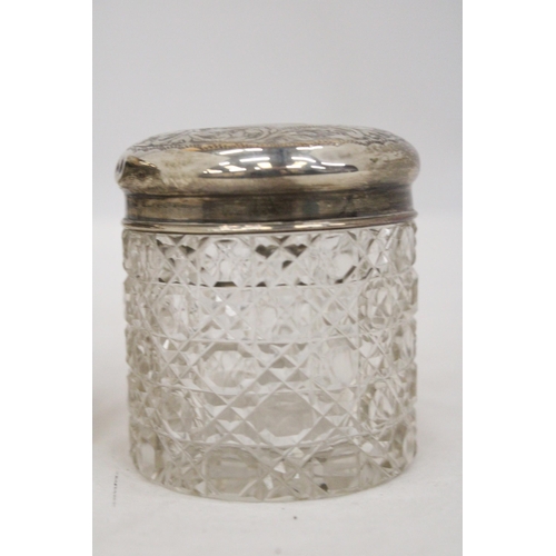 13 - A STERLING SILVER TOP HAIR PIN JAR TOGETHER WITH A SILVER TOPPED COCKTAIL STICK HOLDER