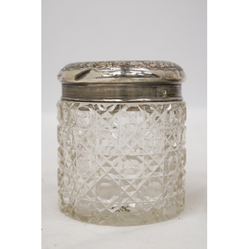 13 - A STERLING SILVER TOP HAIR PIN JAR TOGETHER WITH A SILVER TOPPED COCKTAIL STICK HOLDER