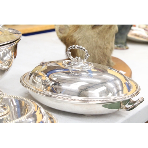 21 - A QUANTITY OF SILVER PLATED ITEMS TO INCLUDE A SOUP TUREEN WITH LADEL, THREE LIDDED SERVING DISHES A... 