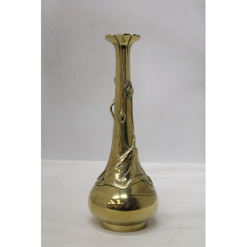 23 - AN ORIENTAL BRASS ART NOUVEAU LONG NECKED VASE MARKED TO THE BASE