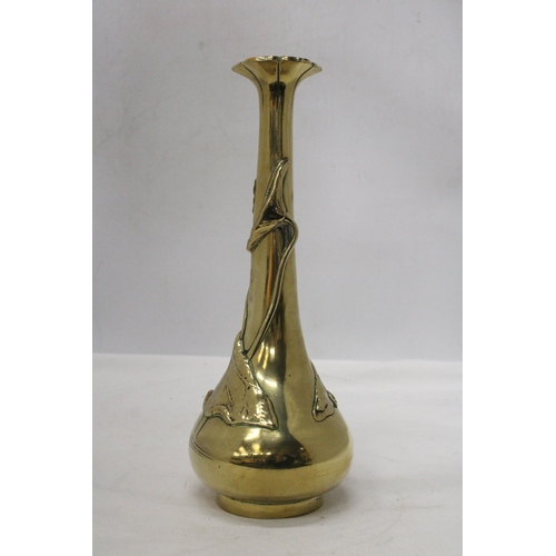 23 - AN ORIENTAL BRASS ART NOUVEAU LONG NECKED VASE MARKED TO THE BASE