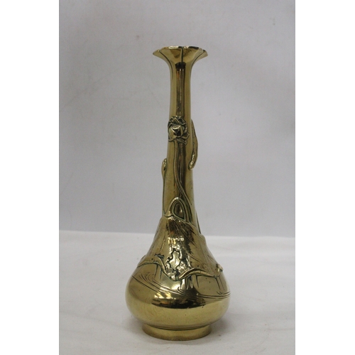 23 - AN ORIENTAL BRASS ART NOUVEAU LONG NECKED VASE MARKED TO THE BASE