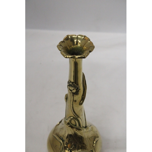 23 - AN ORIENTAL BRASS ART NOUVEAU LONG NECKED VASE MARKED TO THE BASE