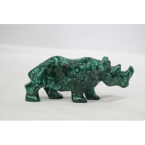 26 - A MALACHITE PRECIOUS STONE CARVING OF A RHINO AND AN ELEPHANT