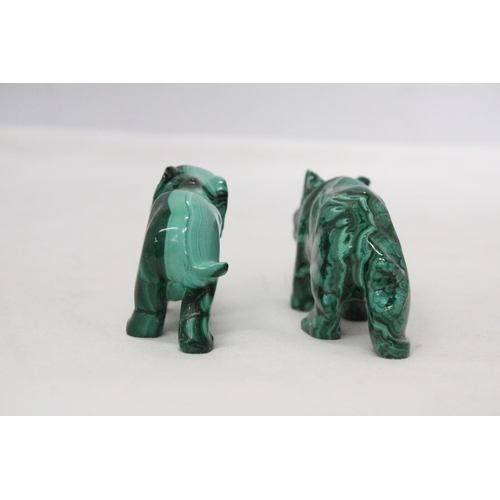 26 - A MALACHITE PRECIOUS STONE CARVING OF A RHINO AND AN ELEPHANT