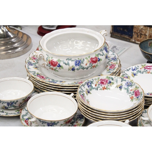 240 - A FLORADORA BOOTHS DINNER SERVICE TO INCLUDE SOUP BOWLS, PLATES, TUREENS ETC