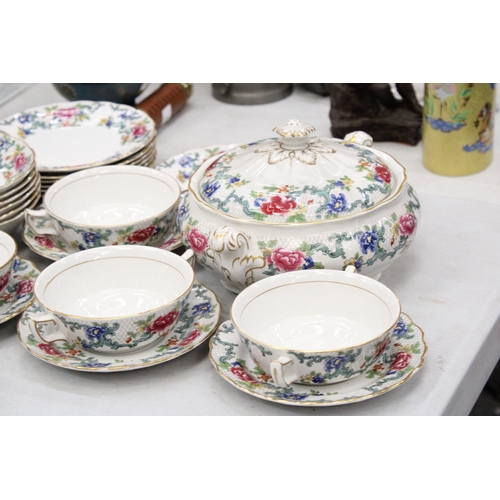 240 - A FLORADORA BOOTHS DINNER SERVICE TO INCLUDE SOUP BOWLS, PLATES, TUREENS ETC