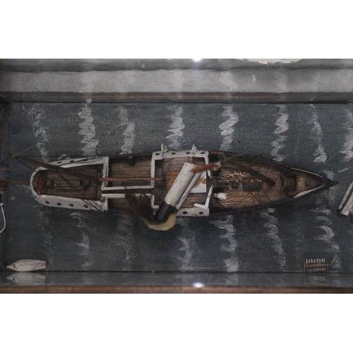 256 - A VICTORIAN SHIPWRECK, SHIP IN A GLASS CASE, 'THE BRADFORD', LENGTH 37CM, HEIGHT 25CM, DEPTH 18CM