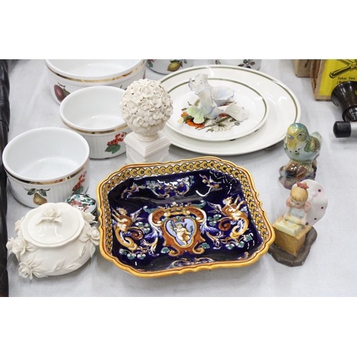 263 - A MIXED LOT TO INCLUDE A GIEN FRANCE DISH, VINTAGE GIRL FIGURINE, ENAMEL TRINKET BOX, ALFRED MEAKIN ... 