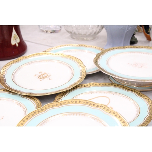 269 - SIX PLATES AND A CAKE STAND - ORDERED BESPOKE FOR THE WEDDING OF VENDORS GREAT GRANDMOTHER - ANNIE E... 