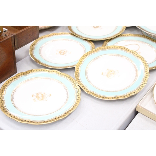 269 - SIX PLATES AND A CAKE STAND - ORDERED BESPOKE FOR THE WEDDING OF VENDORS GREAT GRANDMOTHER - ANNIE E... 