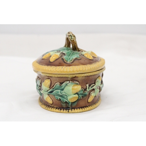 276 - A MAJOLICA, OVAL, LIDDED POT, WITH OAK LEAF AND ACORN DECORATION