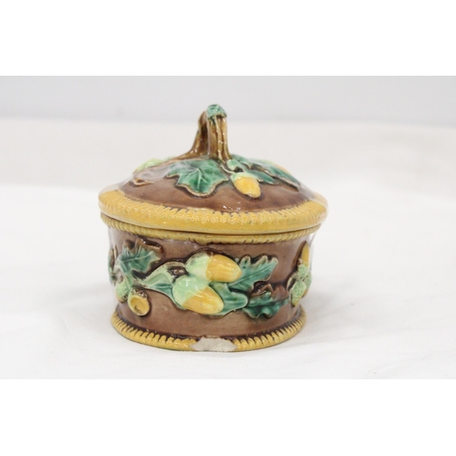 276 - A MAJOLICA, OVAL, LIDDED POT, WITH OAK LEAF AND ACORN DECORATION