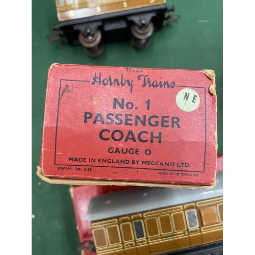 445A - TWO HORNBY 'O' GUAGE LOCOMOTIVES WITH A PAIR OF TIN PLATE HORNBY O GAUGE CARRIAGES, BOXED