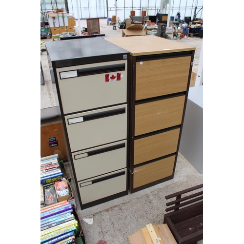 1874 - A METAL FOUR DRAWER FILING CABINET AND A FURTHER WOODEN FOUR DRAWER FILING CABINET