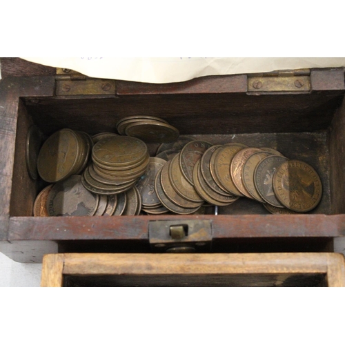 199 - A COLLECTION OF PRE-DECIMAL COINS IN BOXES TO INCLUDE PENNIES, ETC