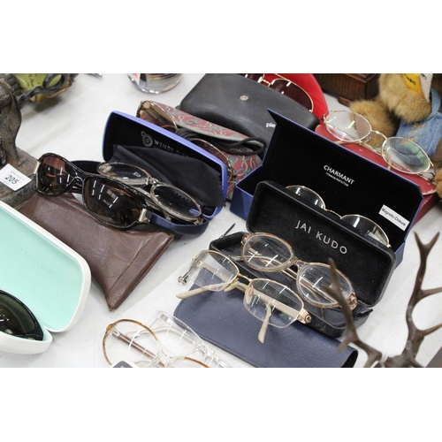 203 - A COLLECTION OF GLASSES AND SUNGLASSES, MARKED COCOA MINT, PIERRE CARDIN, ETC