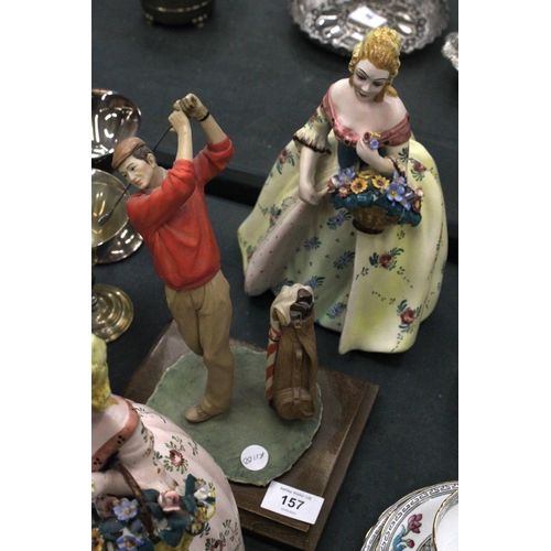 157 - FOUR LARGE FIGURES TO INCLUDE TWO LADIES, A CAPODIMONTE STYLE CLOCKMAKER AND A GOLFER