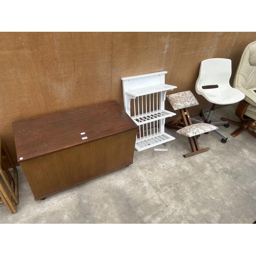 3104 - A BLANKET CHEST, WALL RACK, OFFICE CHAIR AND STOOL