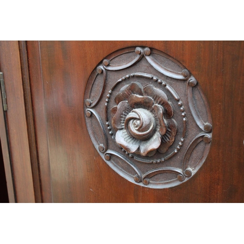 3087 - A LATE VICTORIAN MAHOGANY MIRROR DOOR WARDROBE WITH TWO CARVED DOORS, 74