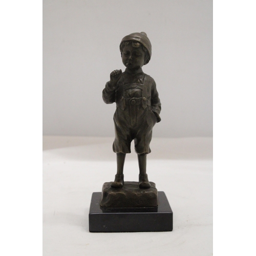 14 - A BRONZE BOY SMOKING A CIGAR ON A MARBLE BASE - SIGNED