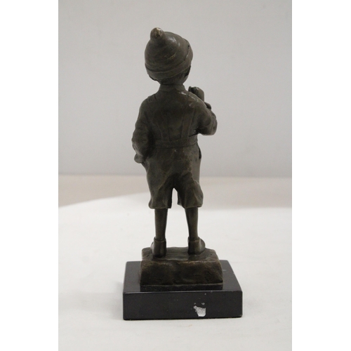 14 - A BRONZE BOY SMOKING A CIGAR ON A MARBLE BASE - SIGNED