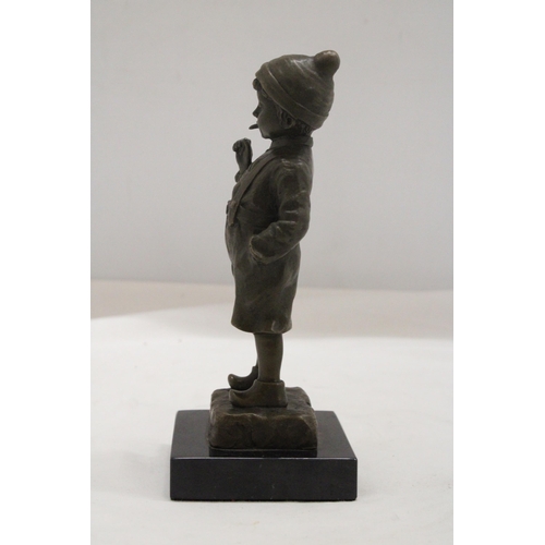 14 - A BRONZE BOY SMOKING A CIGAR ON A MARBLE BASE - SIGNED