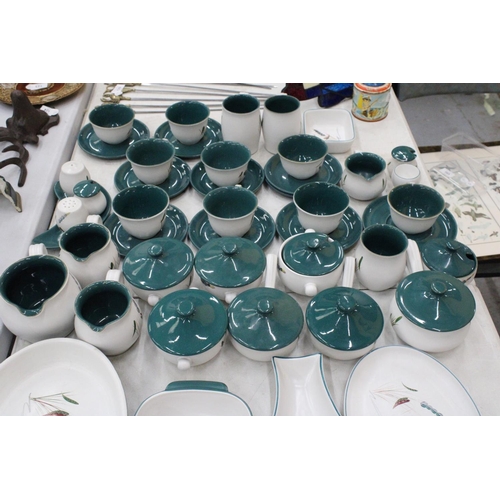 131 - A LARGE QUANTITY OF DENBY GREENWHEAT STONEWARE TO INCLUDE LIDDED SOUP COUPE'S, TEACUPS AND SAUCERS, ... 