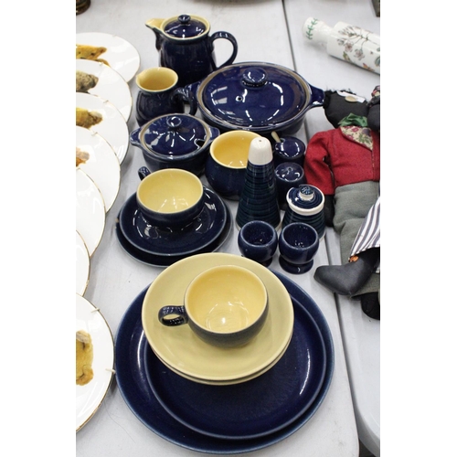 137 - A QUANTITY OF DENBY COBALT BLUE STONEWARE TO INCLUDE A COFFEEPOT, LIDDED TUREEN, CUPS AND SAUCERS, M... 