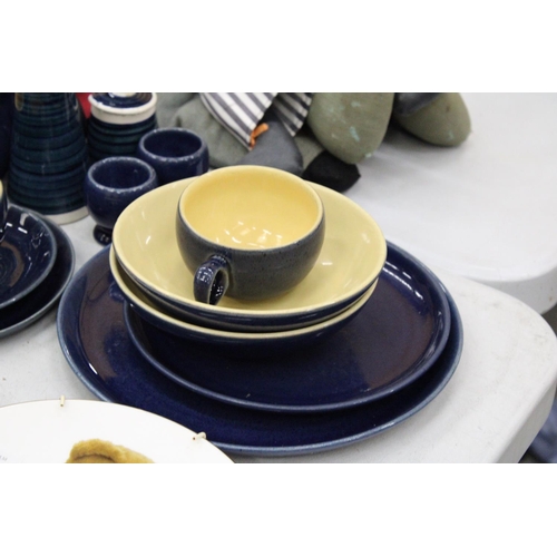 137 - A QUANTITY OF DENBY COBALT BLUE STONEWARE TO INCLUDE A COFFEEPOT, LIDDED TUREEN, CUPS AND SAUCERS, M... 