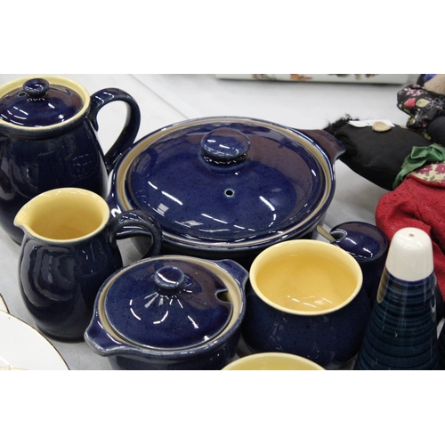 137 - A QUANTITY OF DENBY COBALT BLUE STONEWARE TO INCLUDE A COFFEEPOT, LIDDED TUREEN, CUPS AND SAUCERS, M... 