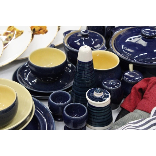 137 - A QUANTITY OF DENBY COBALT BLUE STONEWARE TO INCLUDE A COFFEEPOT, LIDDED TUREEN, CUPS AND SAUCERS, M... 