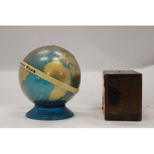 154 - TWO MONEY BOXES TO INCLUDE A VINTAGE PINECHURCH OF ENGLAND AND A NAT WEST GLOBE