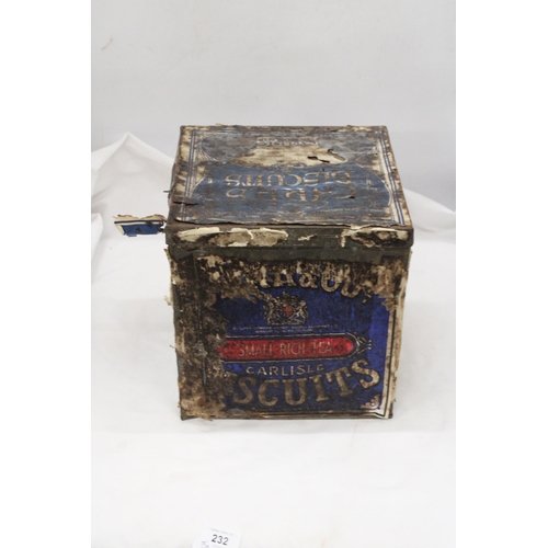 232 - A CARRS OF CARLISLE LARGE BISCUIT TIN - APPROXIMATELY 26CM X  23CM