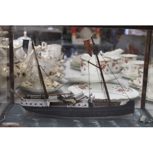 256 - A VICTORIAN SHIPWRECK, SHIP IN A GLASS CASE, 'THE BRADFORD', LENGTH 37CM, HEIGHT 25CM, DEPTH 18CM