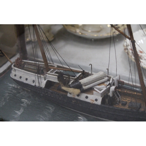 256 - A VICTORIAN SHIPWRECK, SHIP IN A GLASS CASE, 'THE BRADFORD', LENGTH 37CM, HEIGHT 25CM, DEPTH 18CM