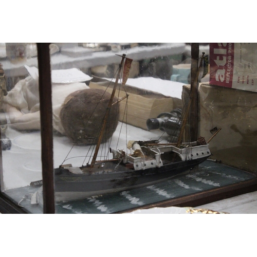 256 - A VICTORIAN SHIPWRECK, SHIP IN A GLASS CASE, 'THE BRADFORD', LENGTH 37CM, HEIGHT 25CM, DEPTH 18CM