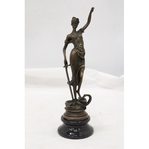 259 - A BRONZE FIGURE BLIND JUSTICE ON A MARBLE BASE SIGNED MATER