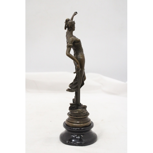 259 - A BRONZE FIGURE BLIND JUSTICE ON A MARBLE BASE SIGNED MATER