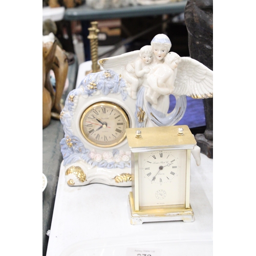 282 - TWO MANTLE CLOCKS TO INCLUDE A CERAMIC ANGEL WITH CHILDREN, PLUS A CARRIAGE CLOCK