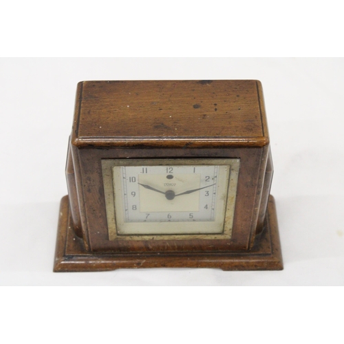 288 - A 1930S, WOODEN, ART DECO MANTLE CLOCK WITH BAKELITE BACK