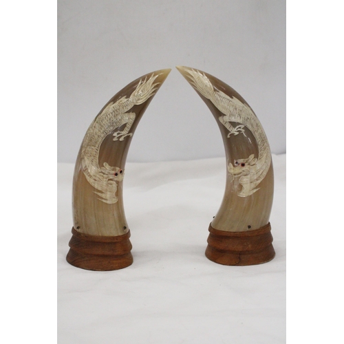 295 - A PAIR OF REAL ORIENTAL HORNS ON WOOD BASES WITH DRAGON DESIGN, HEIGHT 23CM