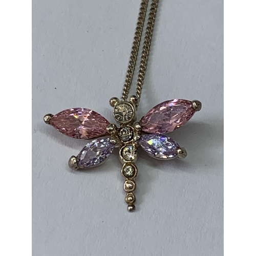 704 - A MARKED 925 SILVER NECKLACE WITH A SILVER AND COLOURED STONE DRAGONFLY PENDANT