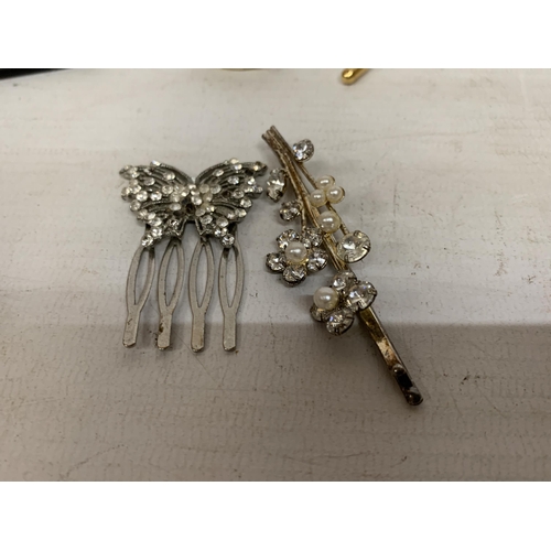 739 - A QUANTITY OF VINTAGE STICK PINS, HAIR SLIDES AND BROOCHES